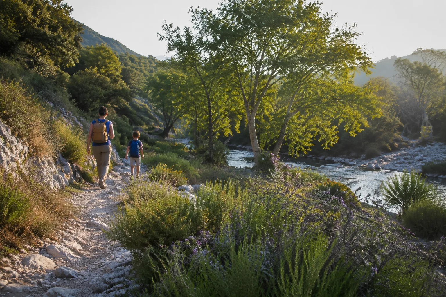 Un adulte et un enfant marchent le long d’un ruisseau bordé d’arbres